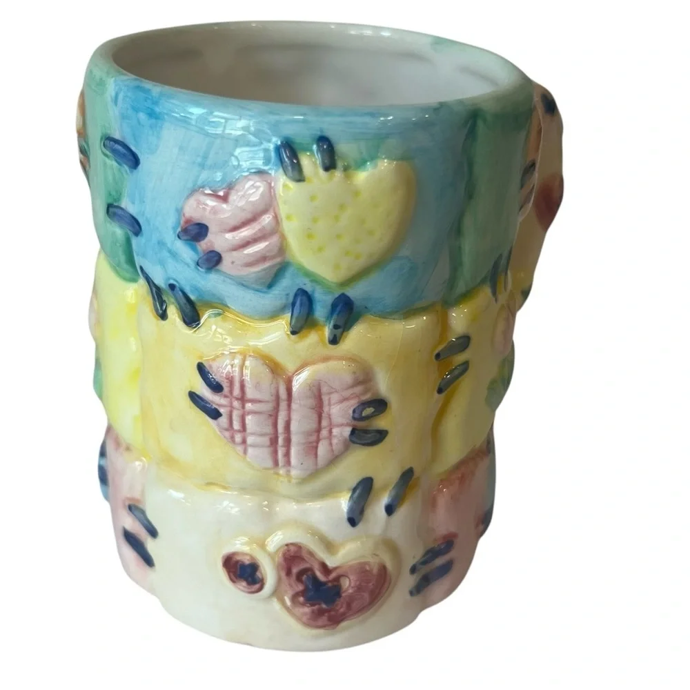 Quilted Hearts Patchwork 3D Mug Hand Painted Pastel Ceramic Coffee Cup‎ Granny
